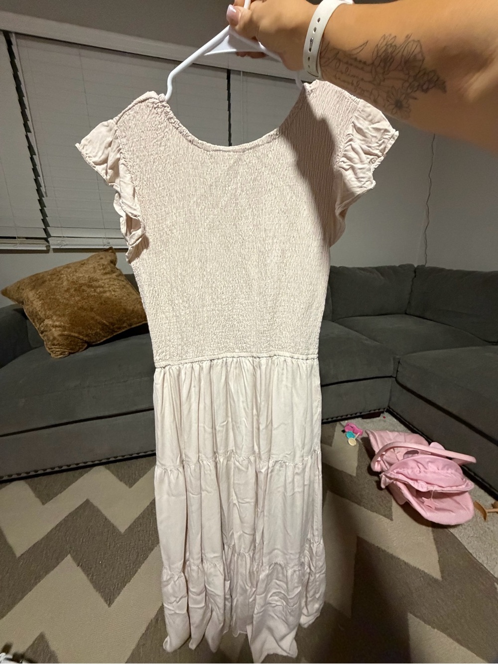 Cream color Smocked Maxi Dress with Flutter Sleeves